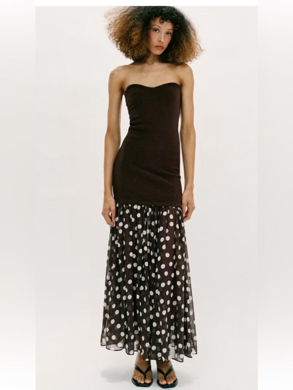 Zara Black Strapless Maxi Dress with White Polka Dot Skirt
